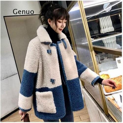 Elegant Patchwork Faux Fur Coat Women Winter Warm Soft Double Breasted Fur Jacket Female Plush Overcoat with Pocket
