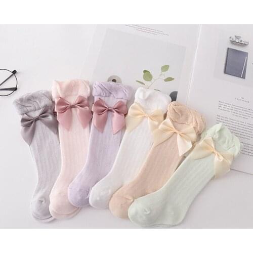 Newborn Baby Girls Summer Thin Mesh High Tube Socks Sweet Bow Solid Color Anti-Mosquito Cotton Over the Knee Stockings