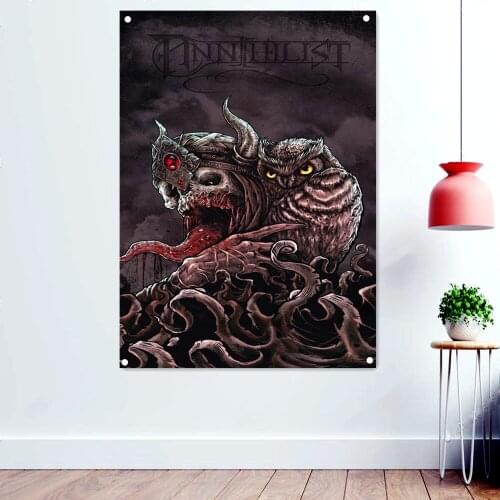Owl Skull Dark Metal Artworks Banner Canvas Printing Wall Hanging Macabre Art Rock Music Posters Flag Tapestry Wall Decoration
