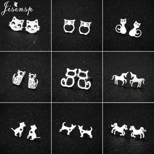 Jisensp Trendy Cute Cat Dog Stud Earrings for Women 925 Sterling Silver Small Animal Cat Earring Dog Studs Jewelry Party Gift