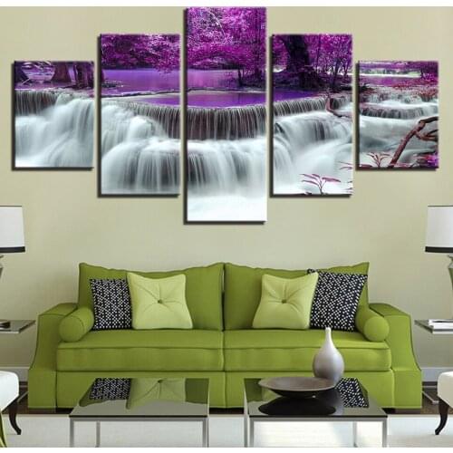 5 panels Purple Forest Tree Lake Waterfall Landscape diamond painting cross stitch Full Drills 5D Diy Diamond Painting N410