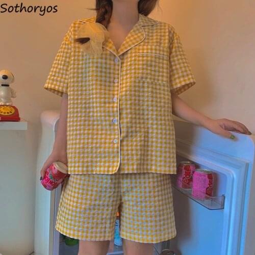 Women Plaid Pajama Sets Sweet Short Sleeve Tops Shorts Loose Cozy Students Trendy Fresh Sleepwear Home Female Lounge New-arrival