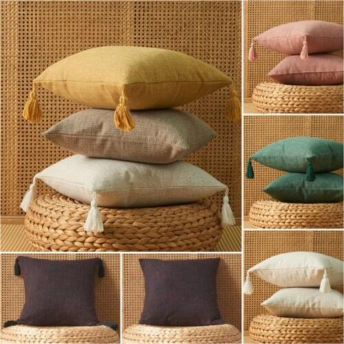Japanese Style Pure Colored Linen Pillowcase Tasselled Nordic Simple Cushion Cover Livingroom Sofa Couch Throw Pillow Decor Home