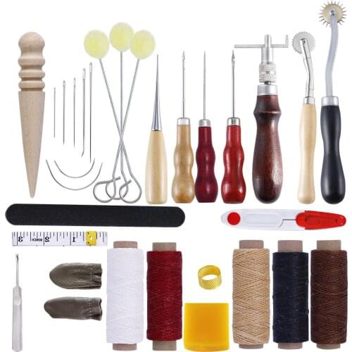 Leather Craft Sewing Tools Set Stitching Awl Waxed Thread DIY Repair Hand Tools Rounding Wheel with Wooden Handle Log Cone