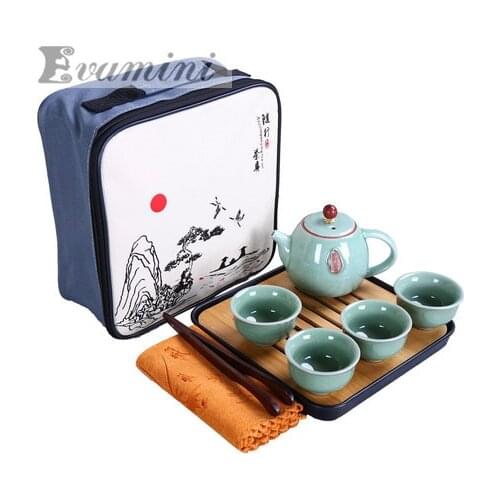 Wholesale 6pcs,9pcs/set Ceramic Tea Set Melamine Tea Tray Clay Teapot Ceramic Tea Cup Portable Travel Carrying Tea Set
