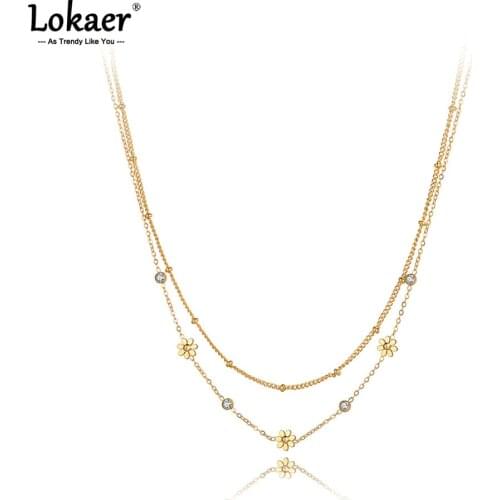 Lokaer 316L Stainless Steel CZ Crystal Charm Necklaces Bohemia Double Layer Small Daisy Choker Necklace For Women Girls N21114