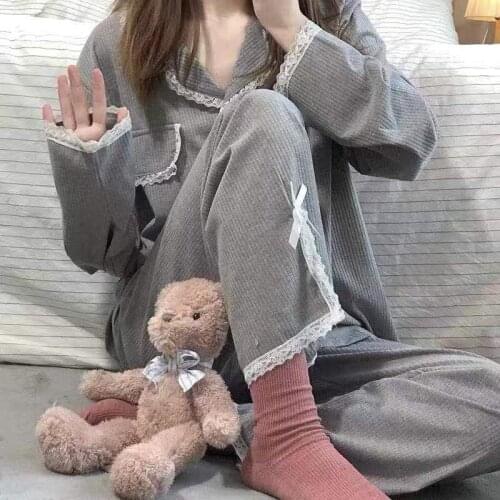 New Pajamas Womens Spring Long-Sleeved Cardigan Student Two-Piece Suit Solid Color Thin Loose Baggy plus Size Homewear