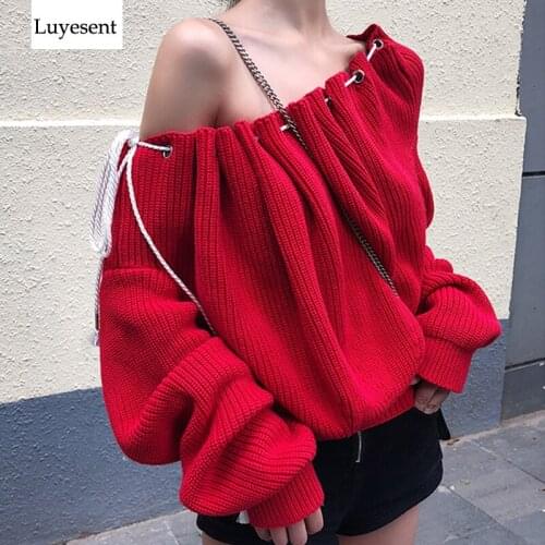 Christmas Red Shir Sexy Women Pullover Sweater 2021 Lady Slash Neck Drawstring Loose Knit Top Warm Retro Sweaters Ruched Jumpers