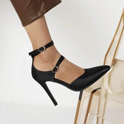 New summer Sandals women shoes pointed toe thin high heels Sexy green Ladies Female buckle fashion solid Party Big Size 34-43