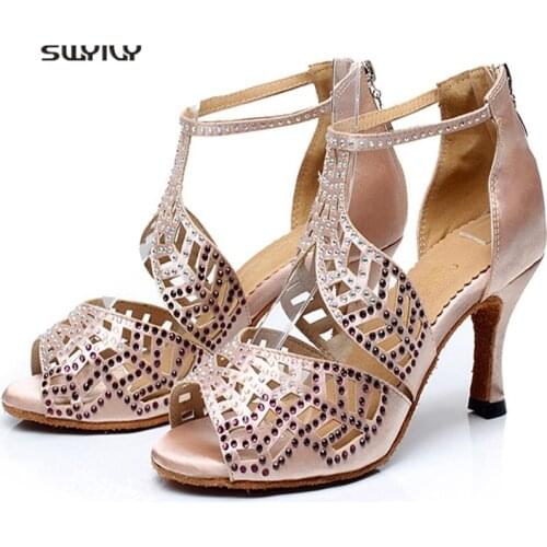 SWYIVY Women Latin Dance Shoes Female Adult Ballroom Dance Shoes 2018 Lady Dance Sneakers High Heel 7.5cm