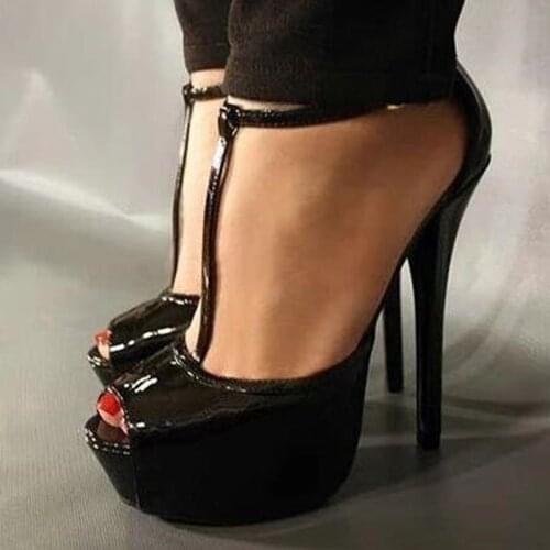 Black Patent Leather Stiletto Heel Pumps Peep Toe High Platform T-strap Dress Shoes 14cm Ankle Strap Banquet Party Shoes