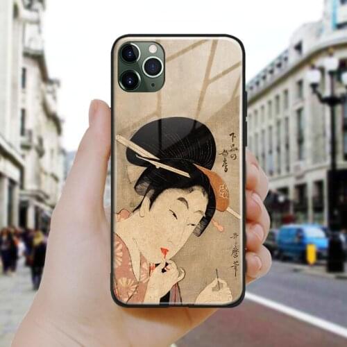 Japanese style Geisha make up vintage Silicone Glass Phone Case Cover For iPhone SE 6 6s 7 8 Plus X XR XS 11 12 Mini Pro Max