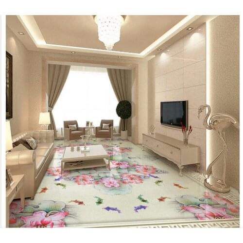 Waterproof wall murals Home Decoration 3D color carving lotus carp floor pvc self-adhesive wallpaper