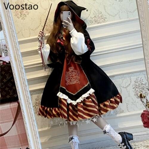 Women Harajuku Gothic Lolita OP Dress Girly Vintage Magic Academy Series Cape Cloak Hooded Dress Kawaii Rabbit Badge Dresses