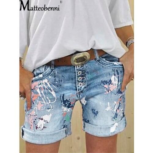 2021 Female Casual Bottoms Harajuku Vintage Streetwear Summer New Buttons Plus Size Women Denim Shorts Washed Flower Print Jeans