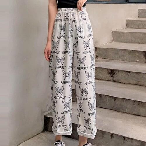 2021 Summer New Wild Fashion Y2k Butterfly Print Student High Waist Casual Loose Loose Thin Wide-leg Trousers Punk Streetwear