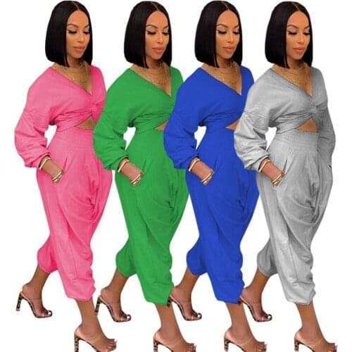 New Two Piece Sets Women Outfits Fall Clothes Ribbing Loose Knot Top Elastic Waist Pants Sets Long Sleeve Wholesale Dropshipping