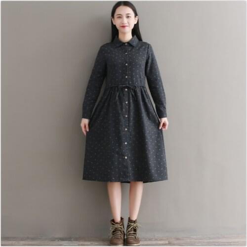 Autumn winter women cotton dress new arrival 2018 long sleeve dark gray print dress