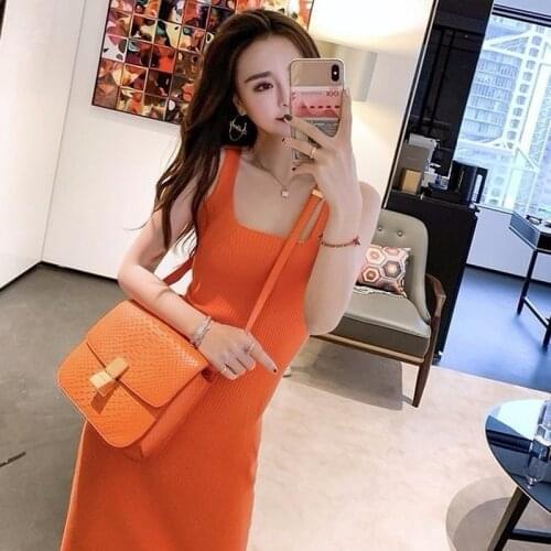 2021 Vintage Solid Slim Square Collar Sexy Tank Bodycon Knitted Midi Dress Summer Party Sleeveless Vestidos Women Dresses Y182