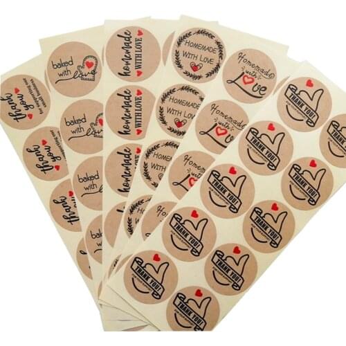 100pcs Kraft Paper Sticker THANK YOU red heart Stickers Thumb Up Love Envelope Decoration Seal Labels
