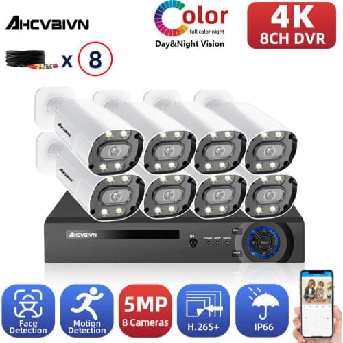 4k AHD 8CH DVR Face Detection Full Color Night Vision 5MP HD CCTV Video Surveillance Security Camera System Kit With Mail Alert