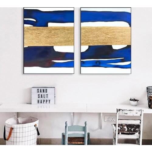 Abstract Gold Foil Block Painting Blue Poster Print Modern Golden Wall Art Picture for Living Room Decor