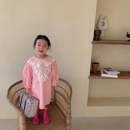 2021 New Kids Dress Pink Brown Lace Collar Lantern Long Sleeve Korean Style Princess Party Girls Fashion Dresses Cotton Clothes