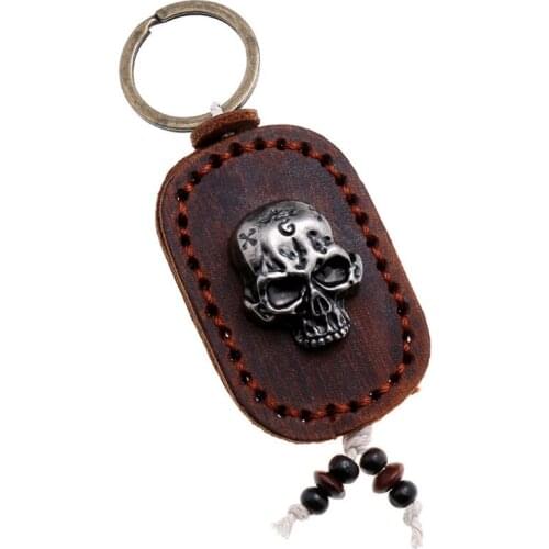 Gothic Skull Punk Hiphop Alloy Keyring Key Chain Black Brown Genuine Leather Car Keychains Bag Accessories Fashion Rock Jewelry