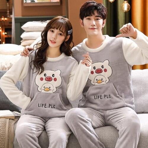 Flannel Flano Casual Pullover Long Sleeve Trousers Boy Girl Pajama Jammies Winter Couples Lovers O-Neck Nightwear Pyjamas HDE