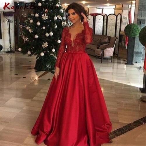Red V-neck Long Sleeves Zipper A-line Evening Dress Sweep Train Formal Party Gown