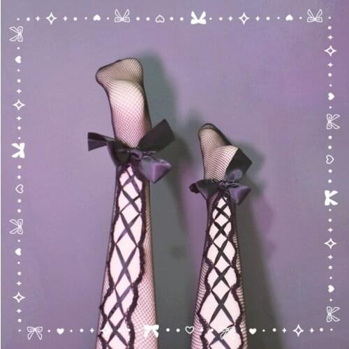 Lolita Bowknot Fishnet Socks Women Pantyhose Cool Diablo Hollow Out Cross Bandge Sweet Sexy Stockings Daily Dress Accessories