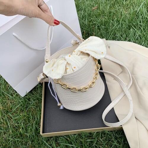 Fashion Bucket Bag Women Alligator PU Leather Bow Handbag Ladies Chain Shoulder Crossbody Satchel