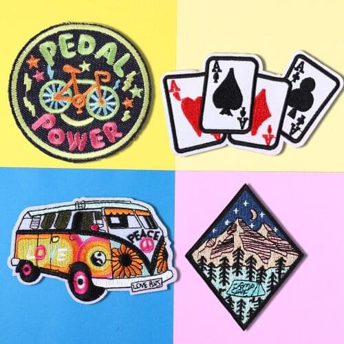Fashion Colorful bus poker Emblem Bicycle Patches Iron On Coat Fine Forest peak Embroidery Clothing Accessories Biker Patches