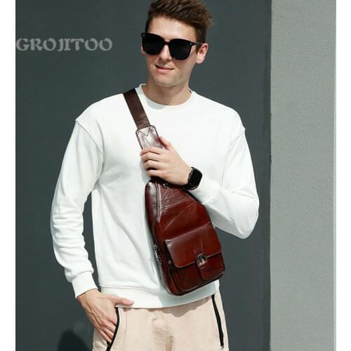 GROJITOO Genuine Leather chest bag multi-functional messenger bag top layer leather fashion mens chest bag casual mens bag