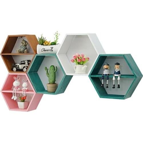 Environmental protection material decoration hexagonal wooden shelf strong load bearing living room wall hanging wall pa