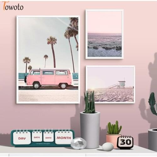 Landscape Nordic Decoration Wall Art Canvas Painting for Living Room Poster Print Pink Travel Car Decorative Picture Home Decor