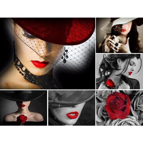Full Square Diamond Embroidery Portrait Pretty Woman Red Hat &Red Lips 5D Diamond Painting Mosaic Picture of Rhinestones Decor