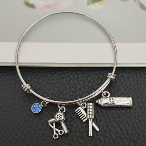 2.5 inch Stainless Steel Expandable Bangle Hair dryer Spray Hair Comb and Brush Stylist Hairdresser Birthstone Charms Bracelets