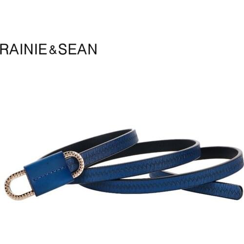 RAINIE SEAN Thin Belts for Women Vintage Waist Belt Real Leather Blue Women Belt Summer Ladies Belt for Dress Strap Accessories
