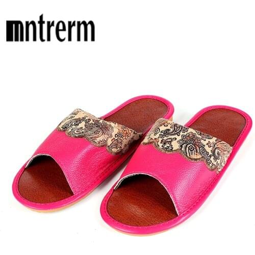 Mntrerm Summer Couples Leather Slippers Women House Home Slippers Shoes Pantufas Flip Flops Mules Ladies Genuine Leather Shoes