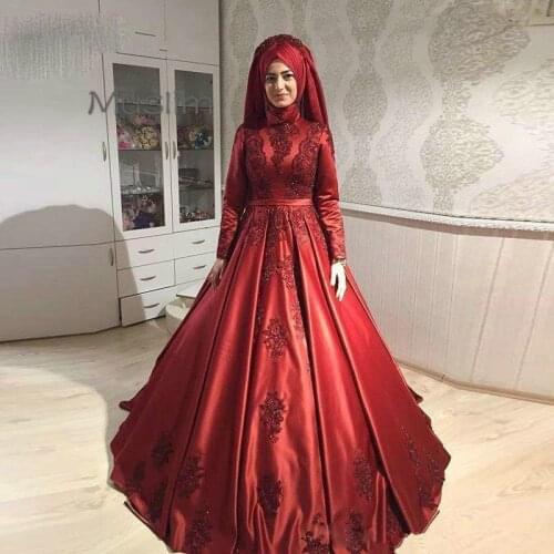 Vintage Red Evening Dresses For Islamic Muslim Women High Collar Lace Long Sleeve Prom Dress 2021 Elegant Party Formal Dress