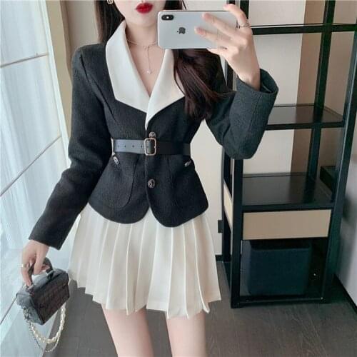 High-Quality Womens Sets With Belt Autumn New Elegant Slim Lapel Jacket Black Coat + White Mini Pleated Two-piece Suit Outfits