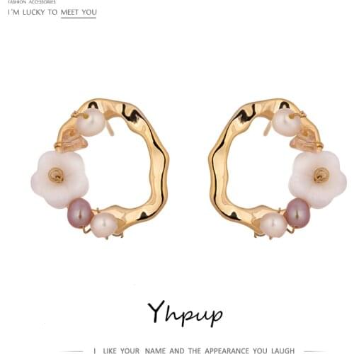 Yhpup Korean Natural Pearls Hollow Round Stud Earrings Trendy Shell Flower High Quality Earrings Brincos for Female Party Gift