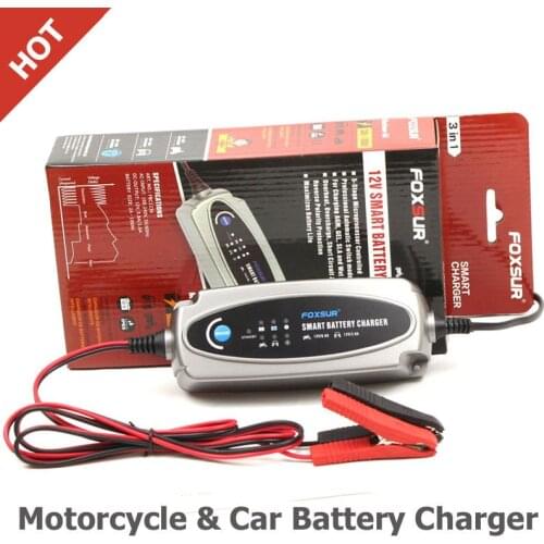 FOXSUR 12V 3.6A or 12V/0.8A Car & Motorcycle Battery Charger, Lead Acid Battery Charger AC input 100-240V EU US UK AU plug