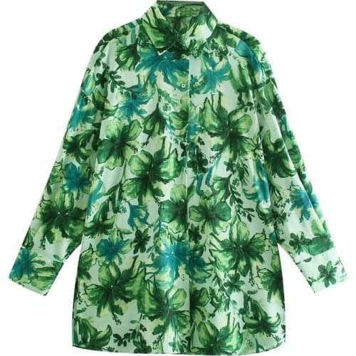 ZXQJ Women 2021 Fashion Tropical Print Oversized Blouses Vintage Long Sleeve Button-up Female Shirts Blusas Chic Tops