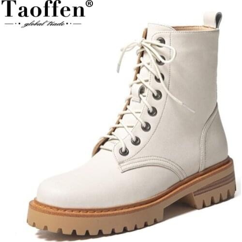 TAOFFEN Real Leather New Women Ankle Boots Round Toe Shoes Winter Warm Boots Women Party Fashion Footwear Size 34-40