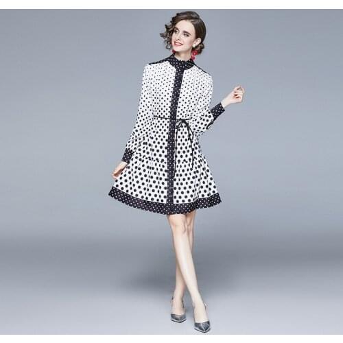 Women Dress Spring And Summer New Stand Collar Bubble Long Sleeve Black And White Dot Contrast Stitching Lace Up A-Line Skirt