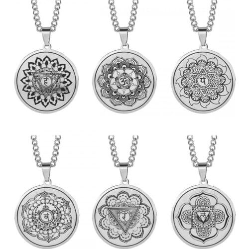 2021 Trend Necklace Stainless Steel Round Pendant Carved Lotus Seven Chakra Ancient India Yoga Mandala Pattern Jewelry Gift
