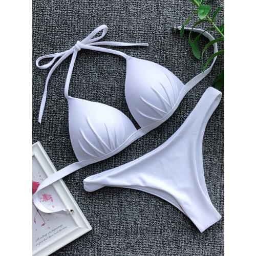 2021 Halter Bra Cup Bikini Sexy Swimsuit Female White Swimwear Women Push up Bikini set Brazilian Bathing Suit Bandeau Swim suit