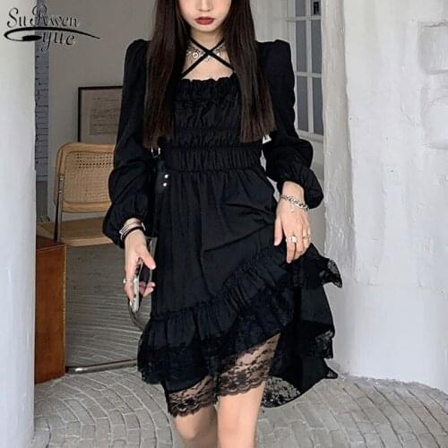 2021 Summer Black Party Dress Women Irregular Japan Style Kawaii Gothic Dress Female Lace Ruffles Puff Sleeve Dresses 13244